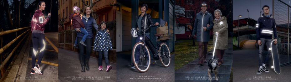 Collage von fünf Bildern mit acht Personen unterschiedlichen Alters, die verschiedene Arten von reflektierenden Accessoires auf sich tragen, um in der Dunkelheit besser sichtbar zu sein.