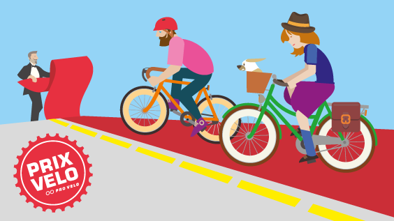 Illustration zur Prix-Velo-Umfrage 2021. Ein Mann in eleganten Auszug rollt im Hintergrund einen roten Teppich aus, den ein Velofahrer und eine Velofahrerin mit ihren Fahrrädern befahren.