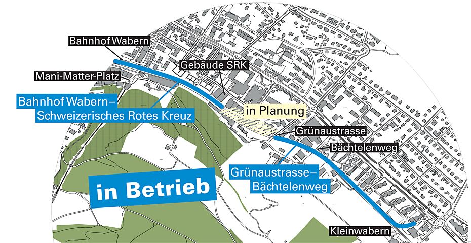 Kartenausschnitt zum neuen Fuss- und Veloweg Wabern-KLeinwabern